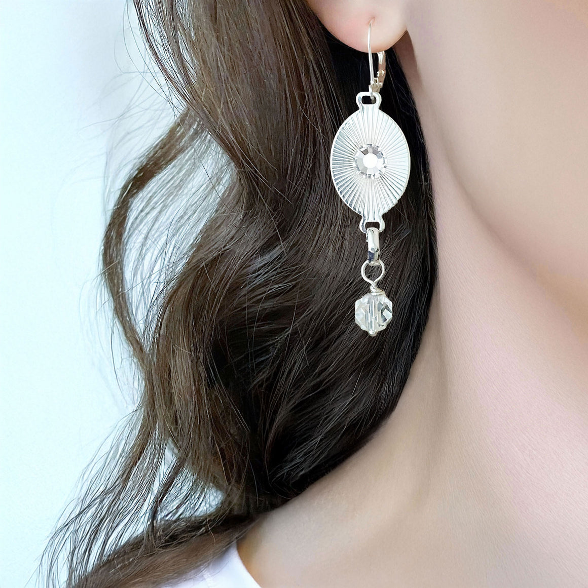 TAYA silver and crystal link earrings-GREEN BIJOU