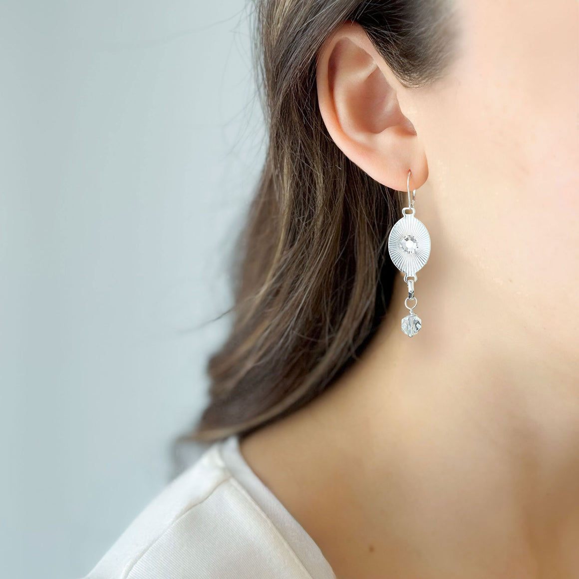 TAYA silver and crystal link earrings-GREEN BIJOU