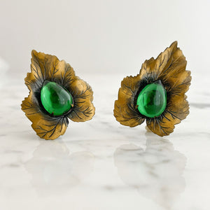 THOMAS vintage brass and emerald green leaf clip earrings-GREEN BIJOU