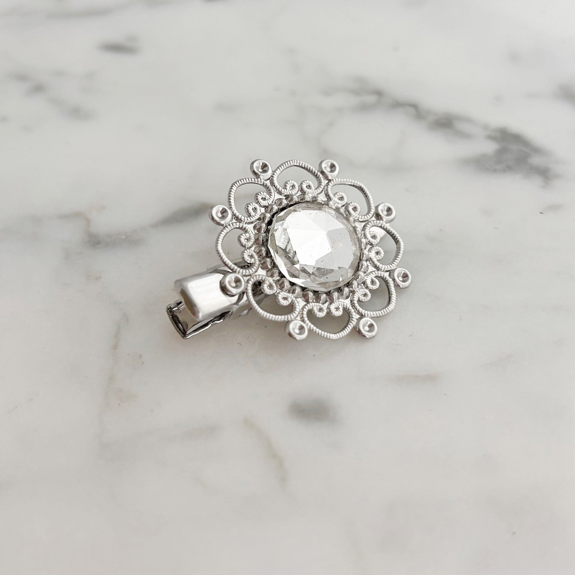 VASSIE Czech crystal cabochon silver flower hair clip-GREEN BIJOU