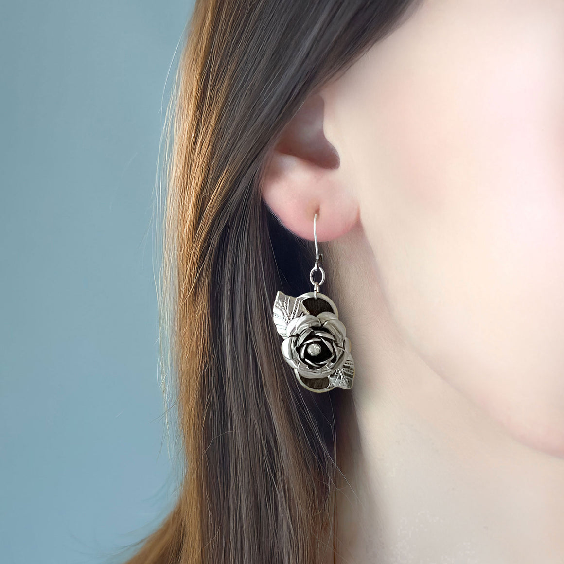 VEENIE vintage silver leaf and crystal rose pendant earrings-GREEN BIJOU