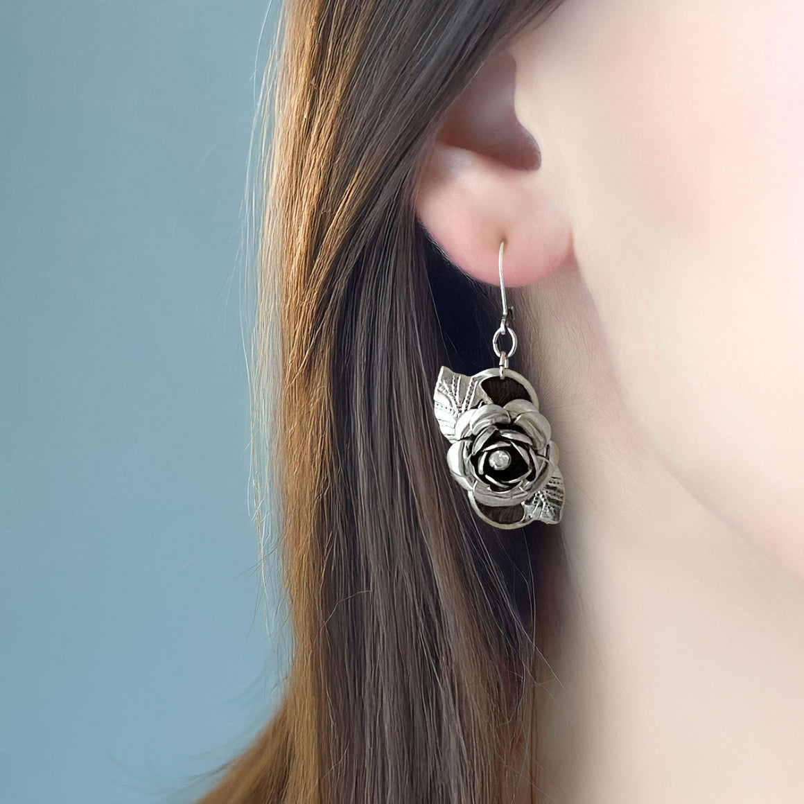 VEENIE vintage silver leaf and crystal rose pendant earrings-GREEN BIJOU