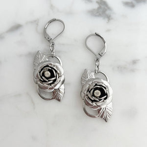 VEENIE vintage silver leaf and crystal rose pendant earrings - 