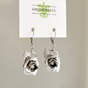 VEENIE vintage silver leaf and crystal rose pendant earrings - 