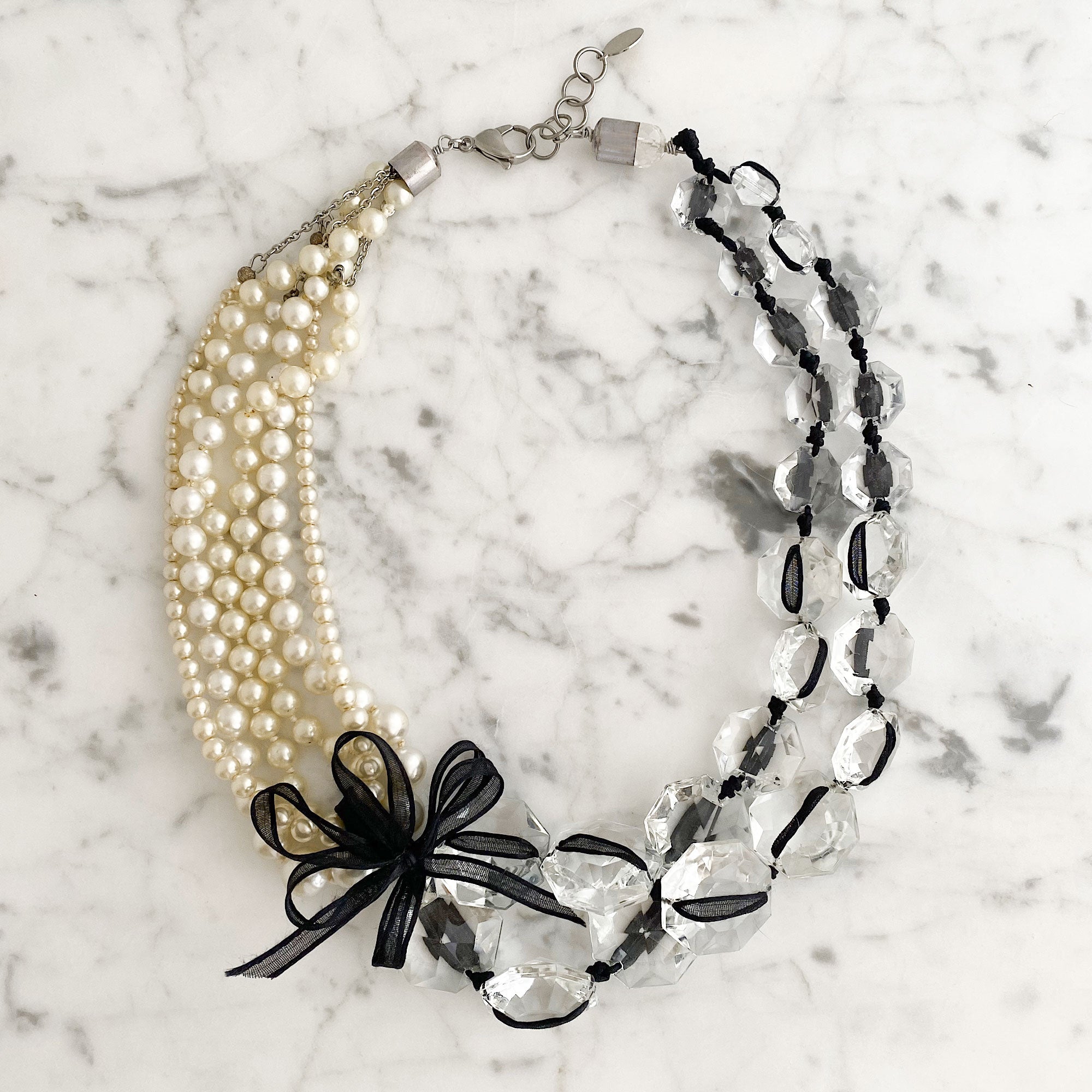 VIVA pearl crystal and ribbon necklace