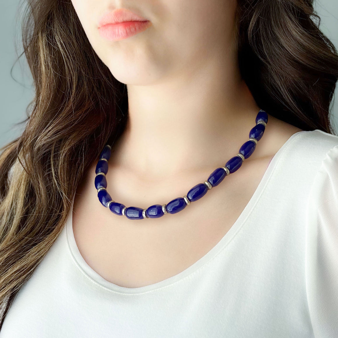 VIVIANA Italian hand-blown cobalt blue glass bead necklace-GREEN BIJOU