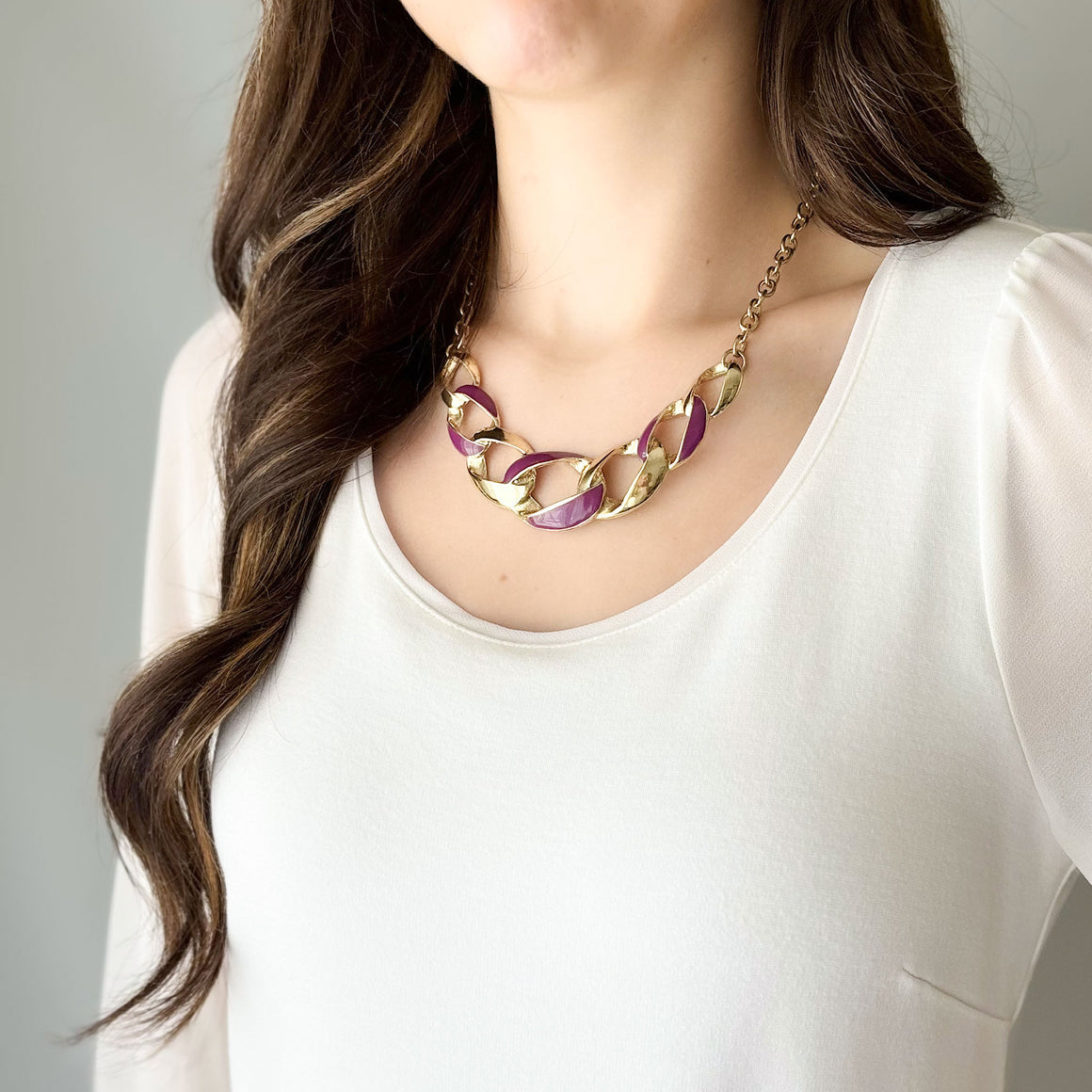 Vintage Gold-Tone Enamel Necklace | Purple Curb Chain Statement Necklace | BRIGHTON-GREEN BIJOU