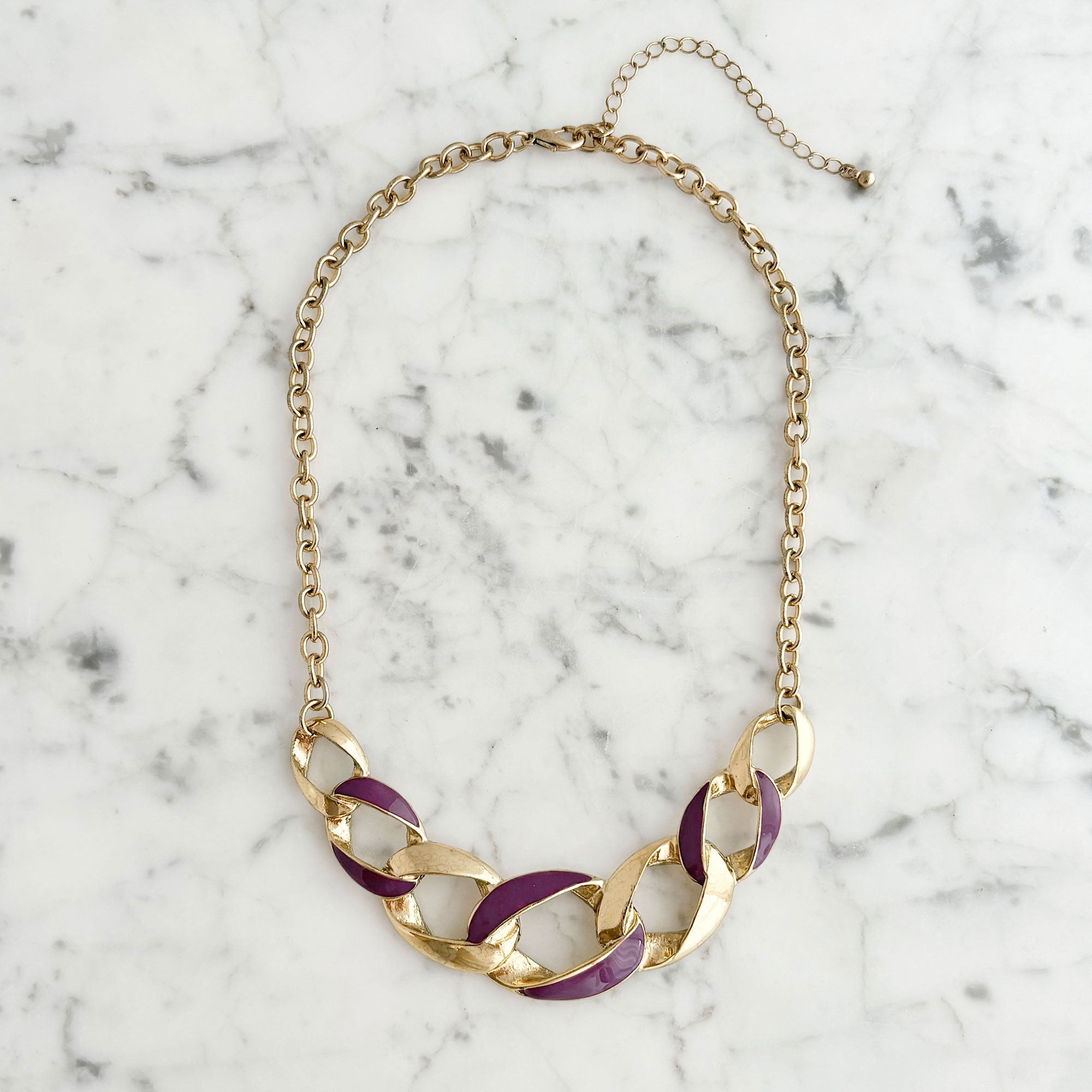 Vintage Gold-Tone Enamel Necklace | Purple Curb Chain Statement Necklace | BRIGHTON-GREEN BIJOU