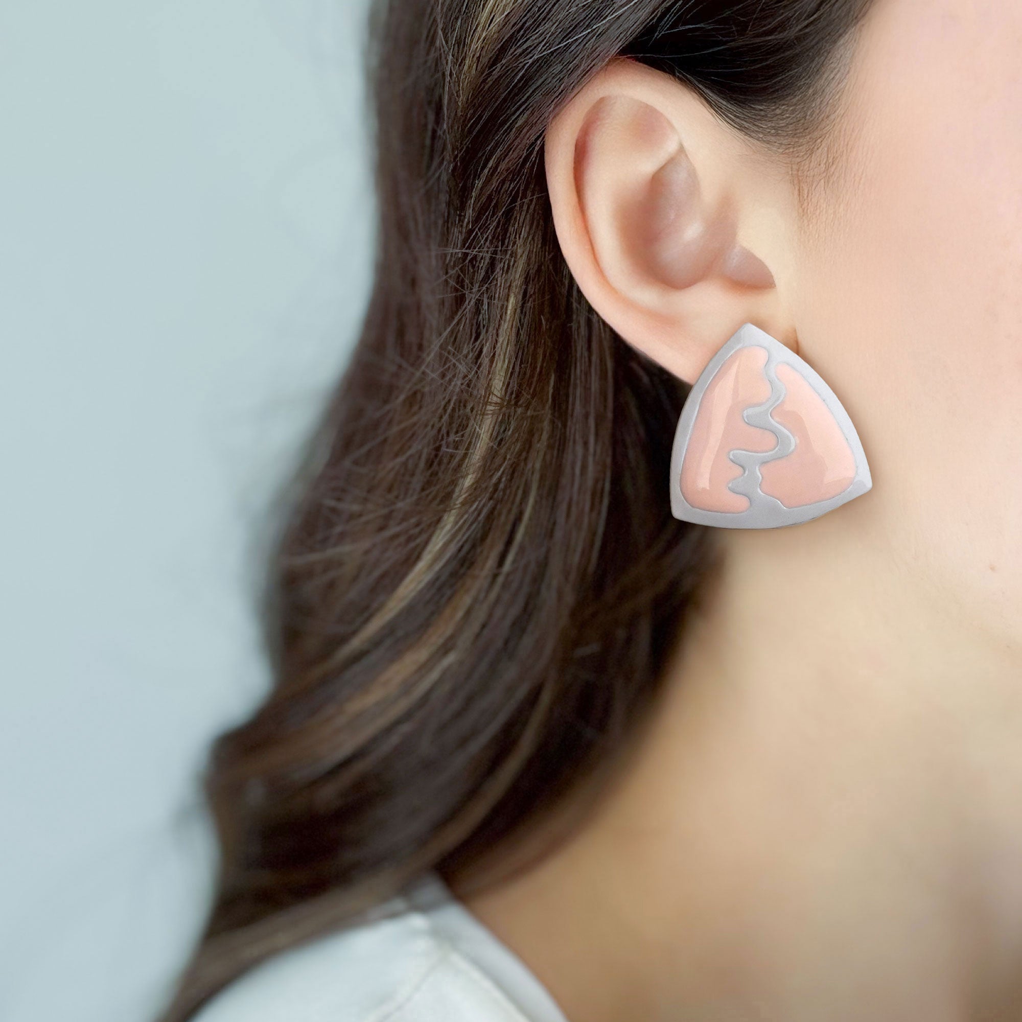 Vintage Peach Enamel Triangle Stud Earrings | Abstract Geometric | AXEL-GREEN BIJOU
