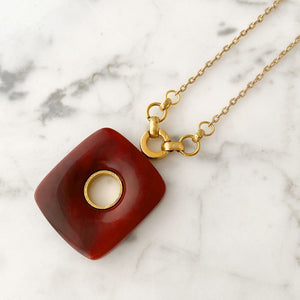 WEBBER Art Deco bakelite and gold square pendant necklace - 