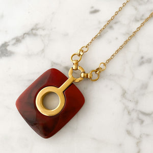 WEBBER Art Deco bakelite and gold square pendant necklace - 