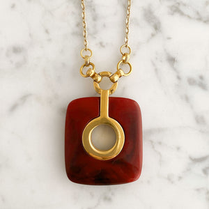 WEBBER Art Deco bakelite and gold square pendant necklace-GREEN BIJOU