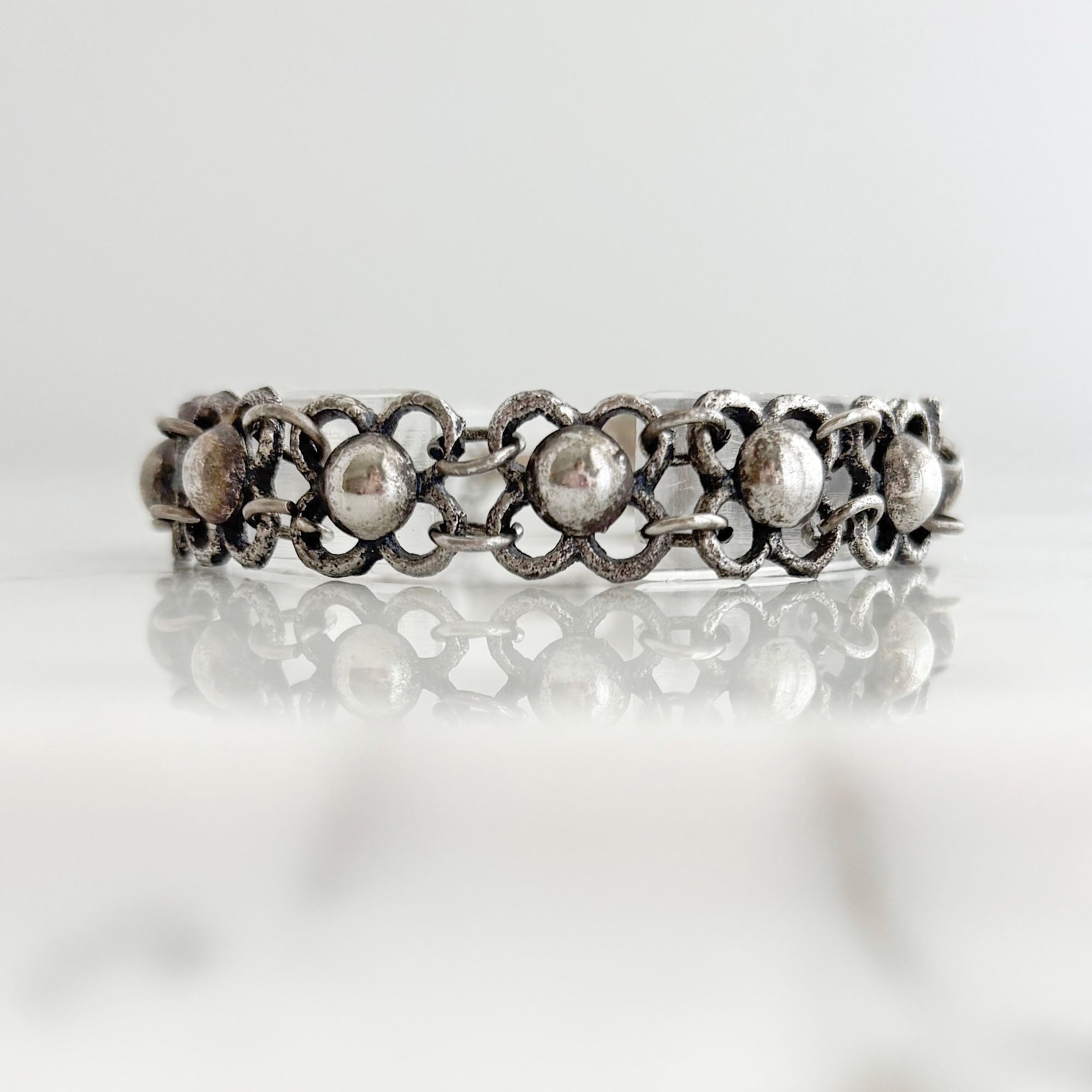 WESLEY vintage oxidized silver tone dome link bracelet-GREEN BIJOU