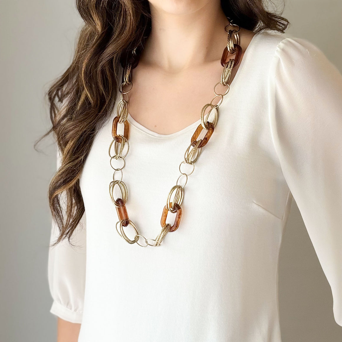 WOLFGANG vintage amber resin and gold chain long necklace-GREEN BIJOU