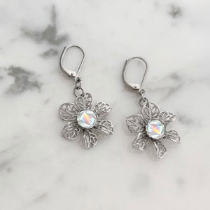 WREN vintage sparkly crystal silver filigree flower earrings - 
