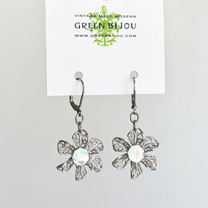 WREN vintage sparkly crystal silver filigree flower earrings - 