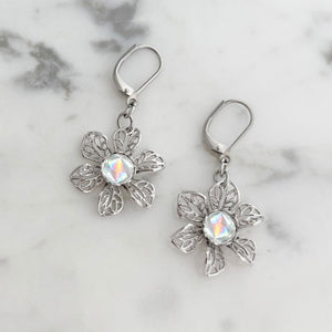 WREN vintage sparkly crystal silver filigree flower earrings-GREEN BIJOU
