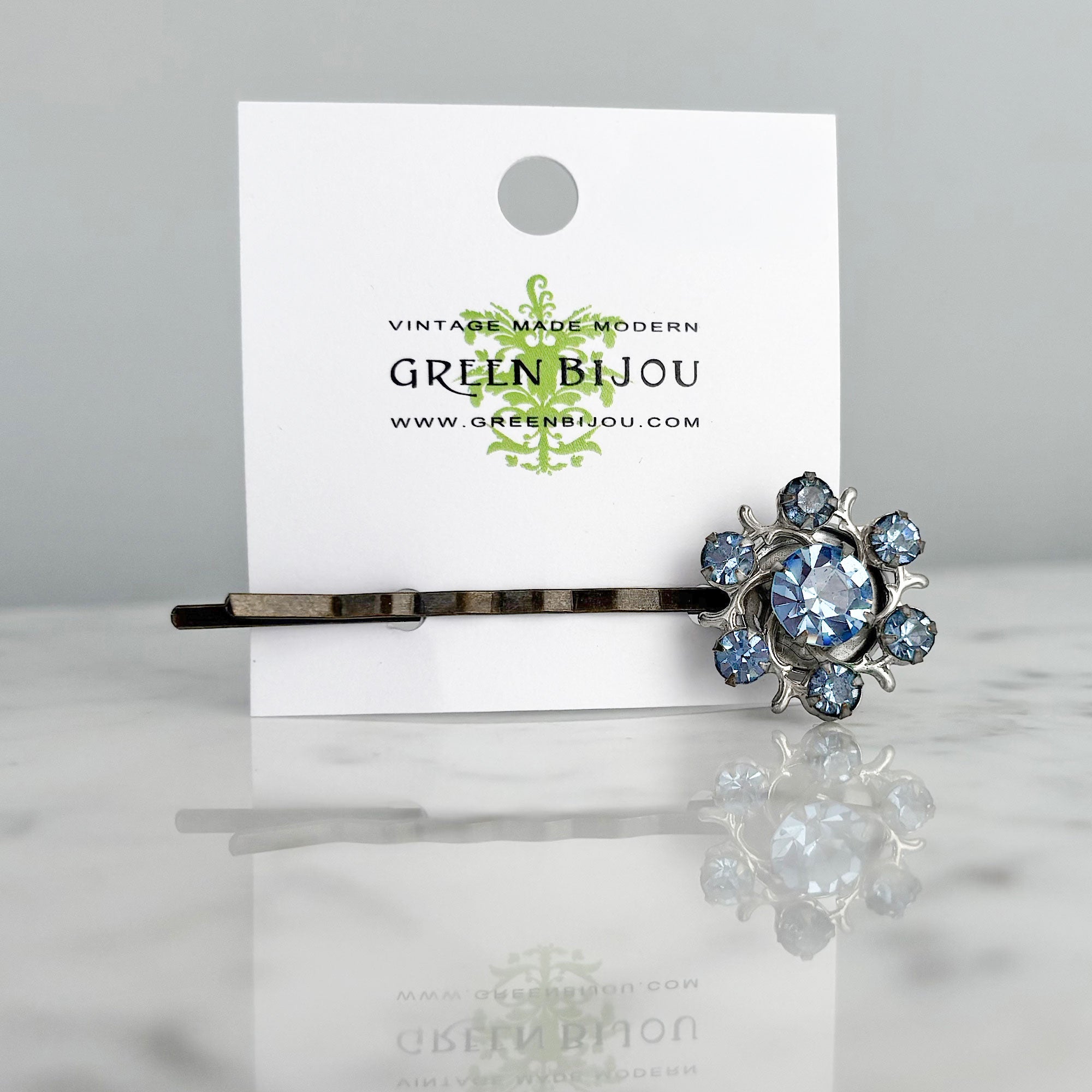 XENOS vintage silver and blue rhinestone flower bobby pin-GREEN BIJOU