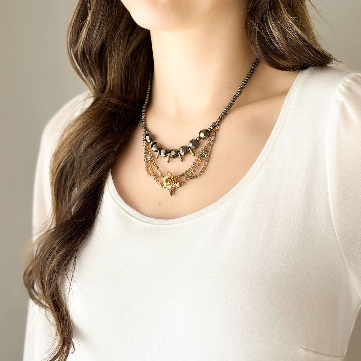 ZAYDEN smoky topaz rhinestone gold rose grey beaded necklace-GREEN BIJOU