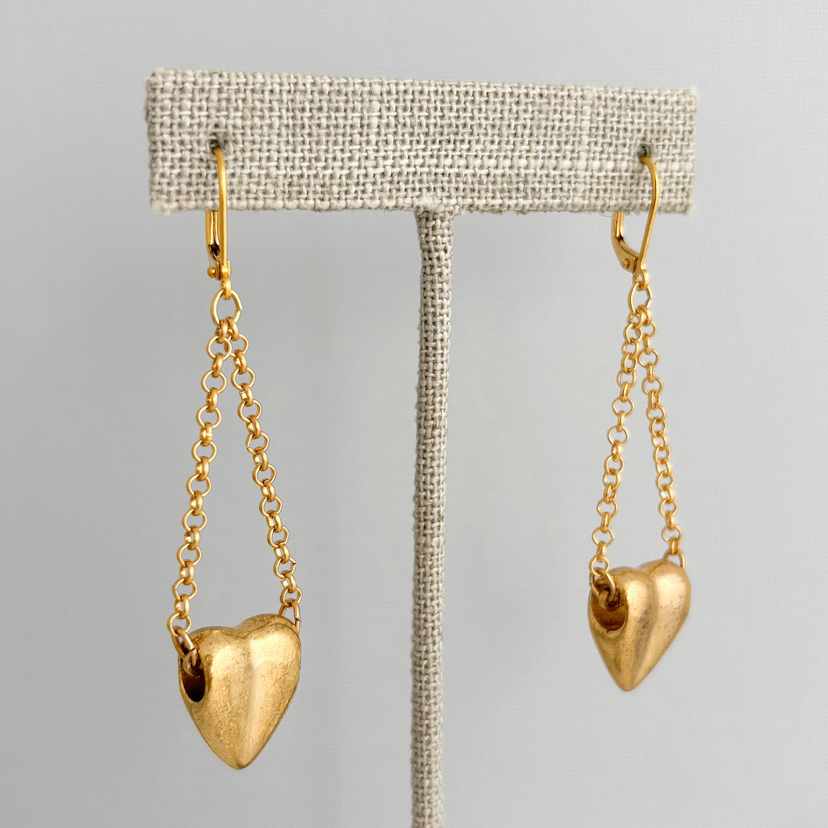 Vintage gold heart drop earrings with long chain and heart charms