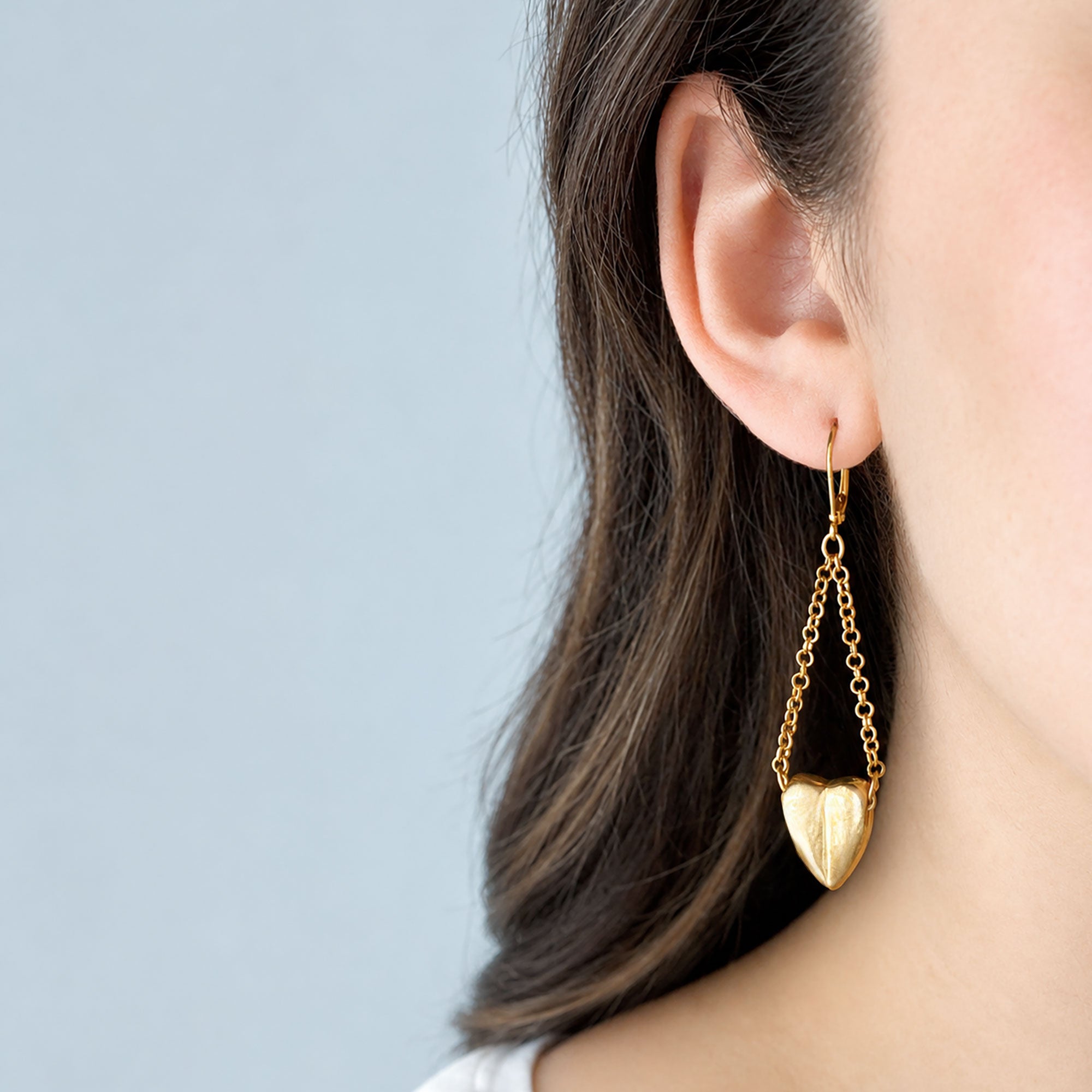 Vintage gold heart drop earrings with long chain and heart charms