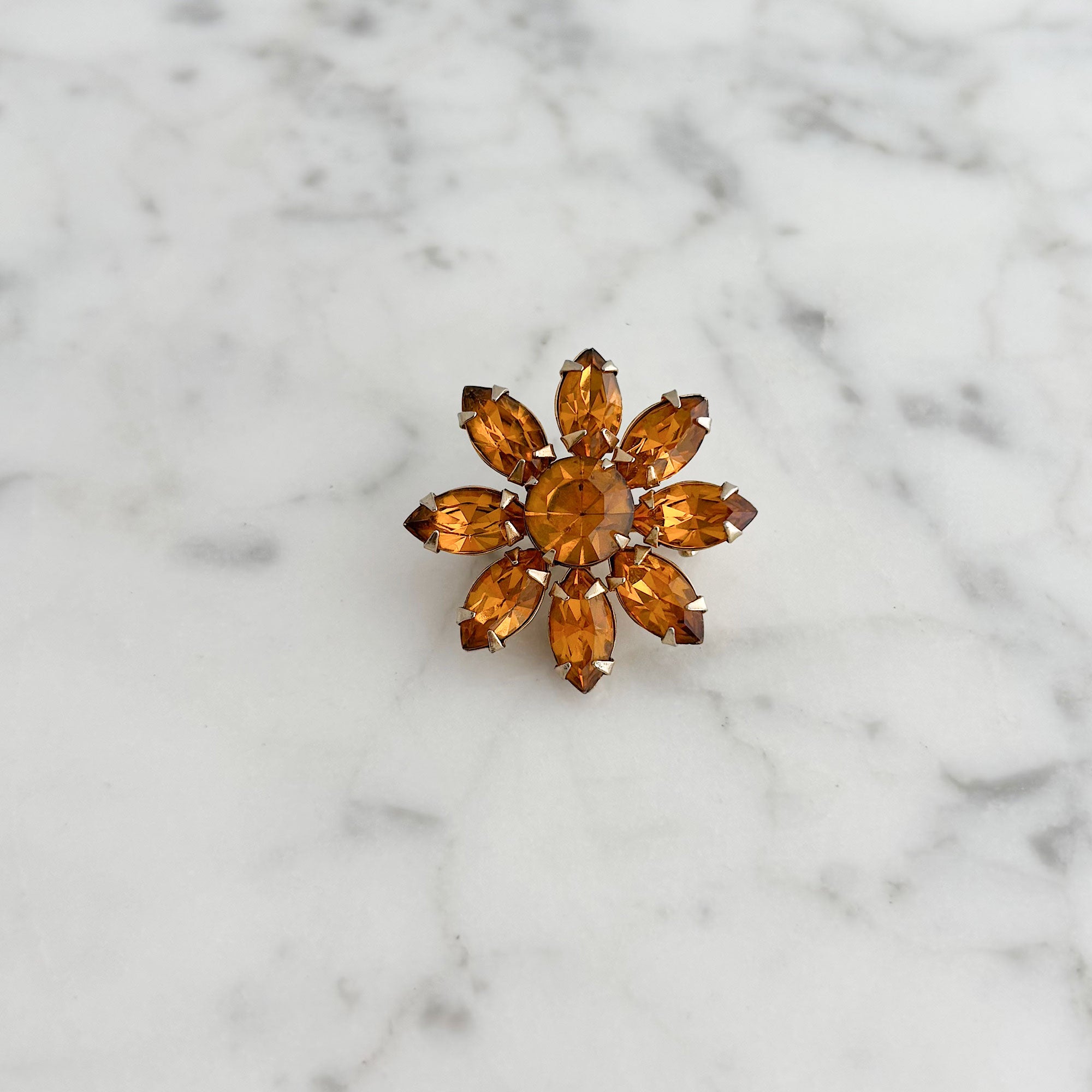 Vintage Orange Rhinestone Brooch | Gold Tone Floral Pin | DURHAM - 