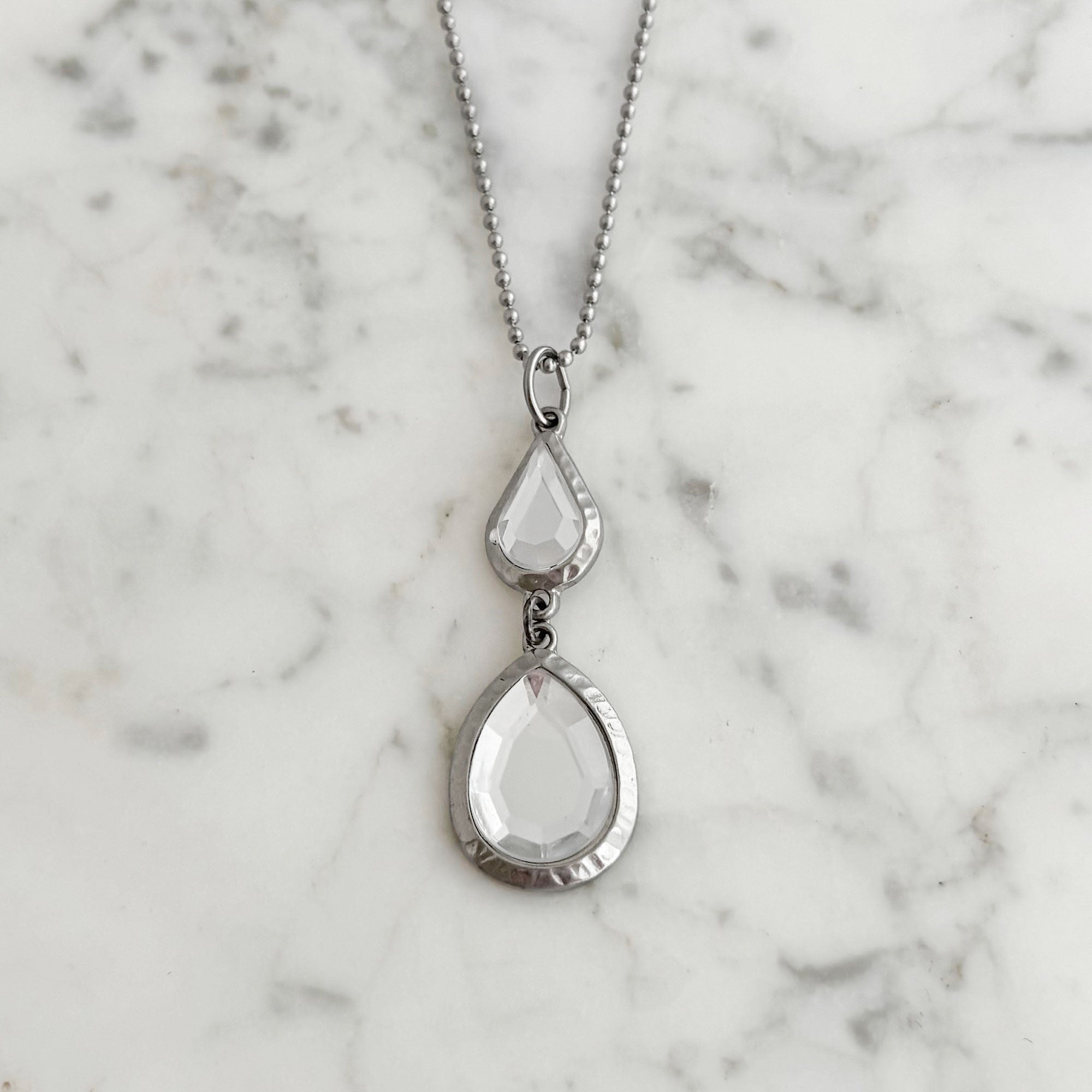 Vintage tiered necklace with two clear faceted rhinestone pendants on a silver-tone ball chain