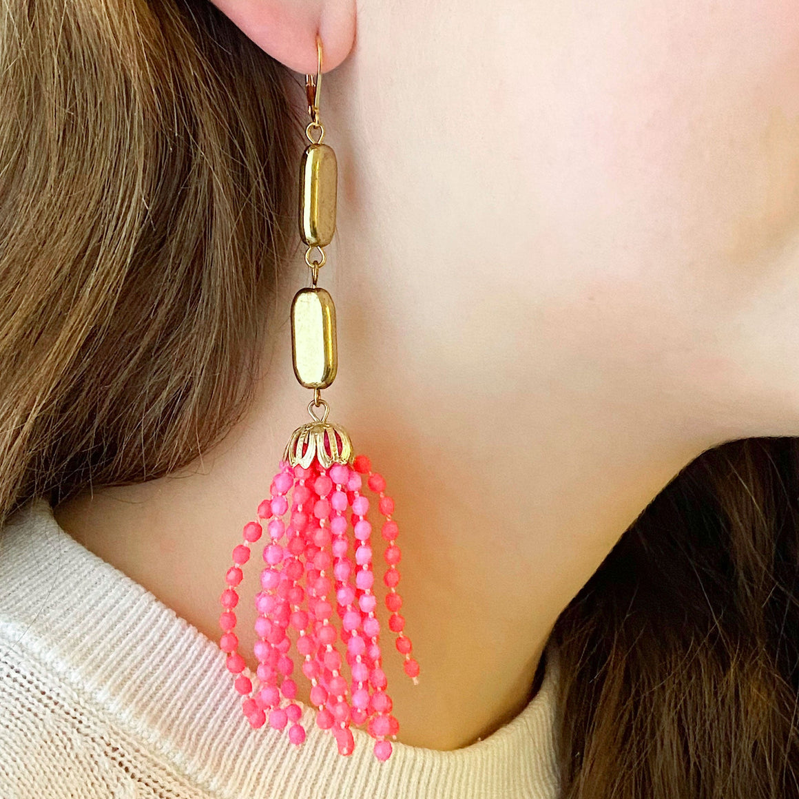 ALICE statement pink beaded tassel earrings-GREEN BIJOU