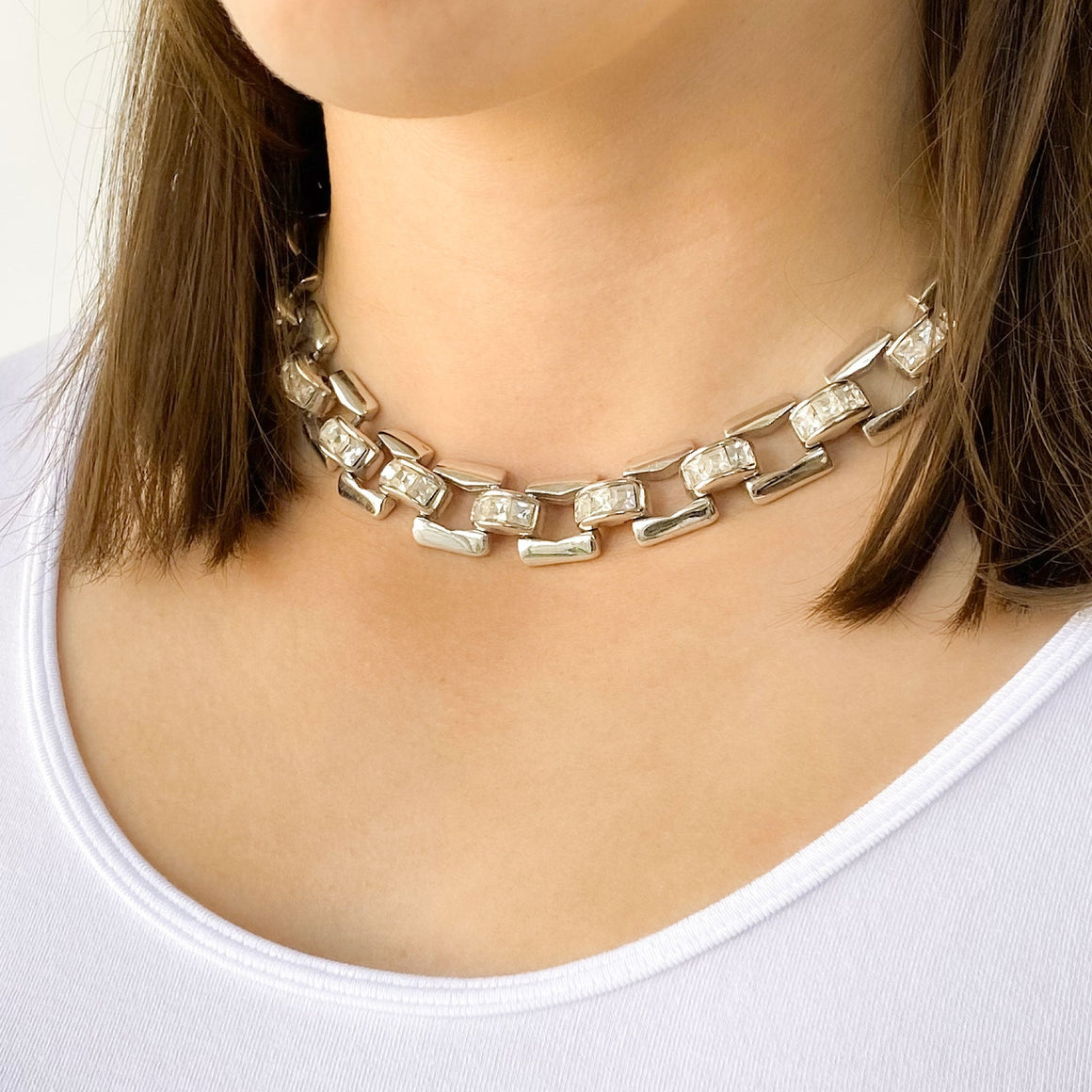 AVONDALE silver rhinestone chain necklace-GREEN BIJOU
