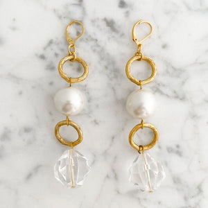 CARALYNN long gold, pearl and crystal earrings - 