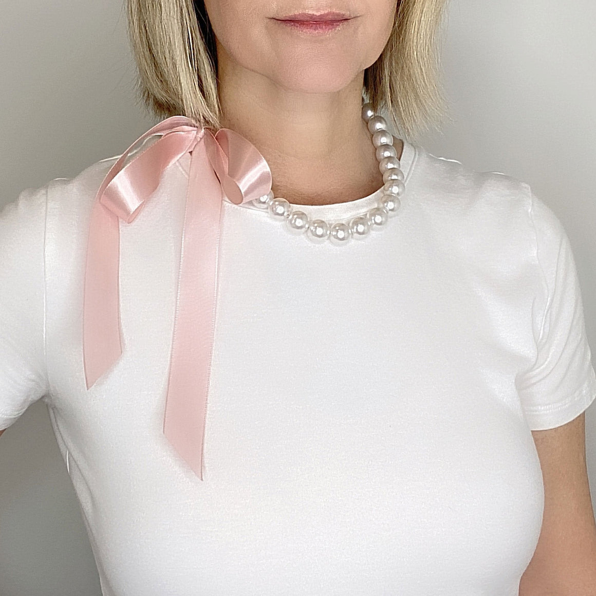 DOTTY blush pink ribbon pearl necklace-GREEN BIJOU