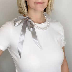 DOTTY grey ribbon pearl necklace - 