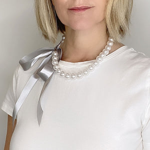 DOTTY grey ribbon pearl necklace - 