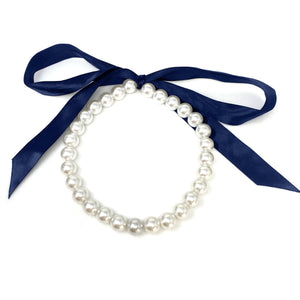 DOTTY navy blue ribbon pearl necklace - 
