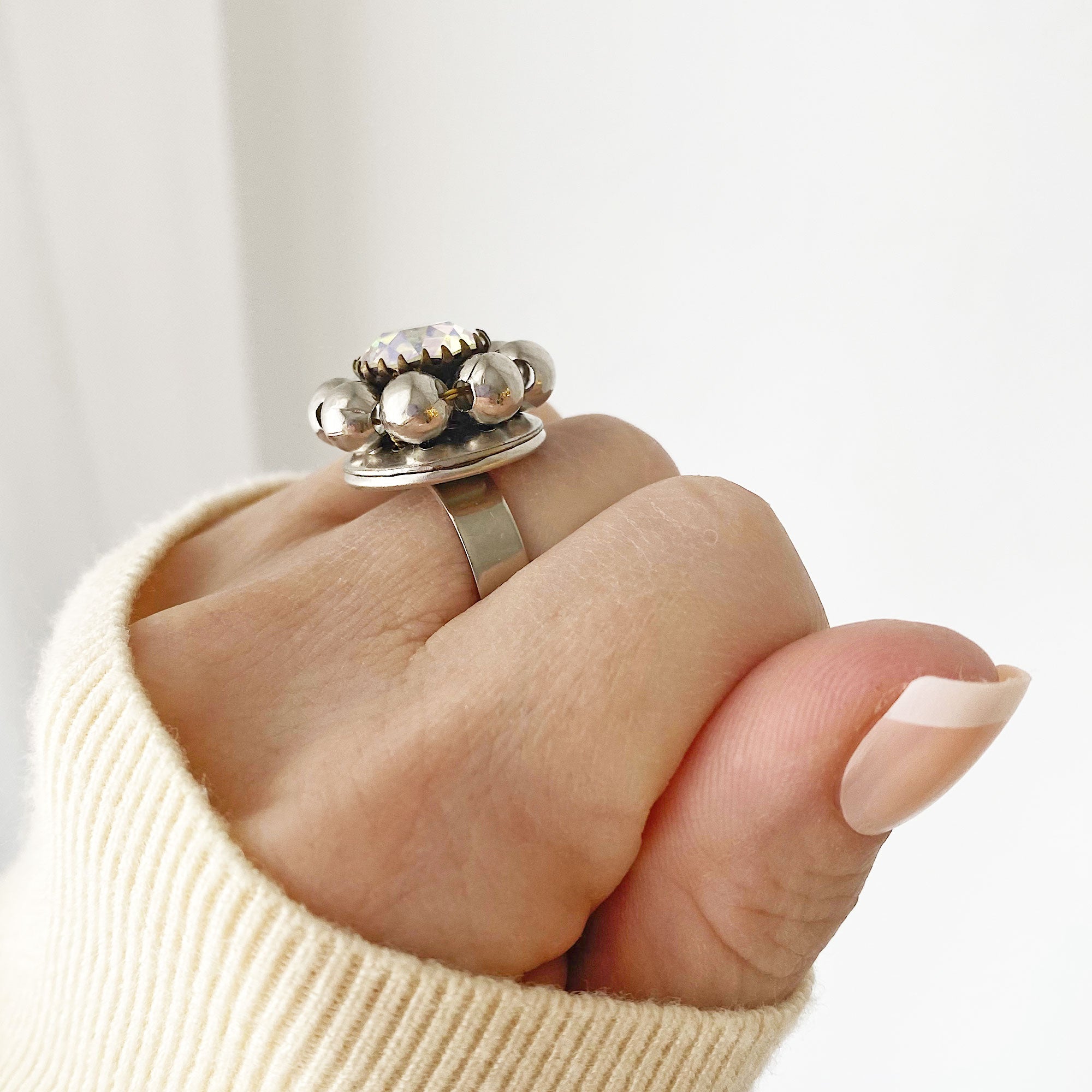 EDENA vintage beaded ab ring on white gold plated band - 