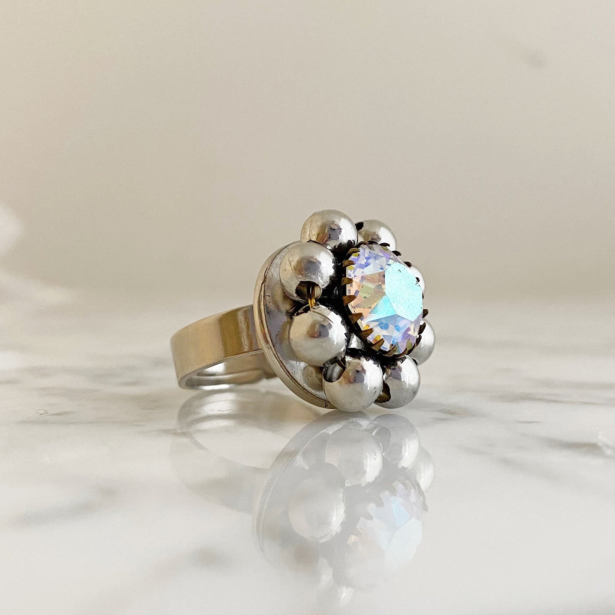 EDENA vintage beaded ab ring on white gold plated band-GREEN BIJOU