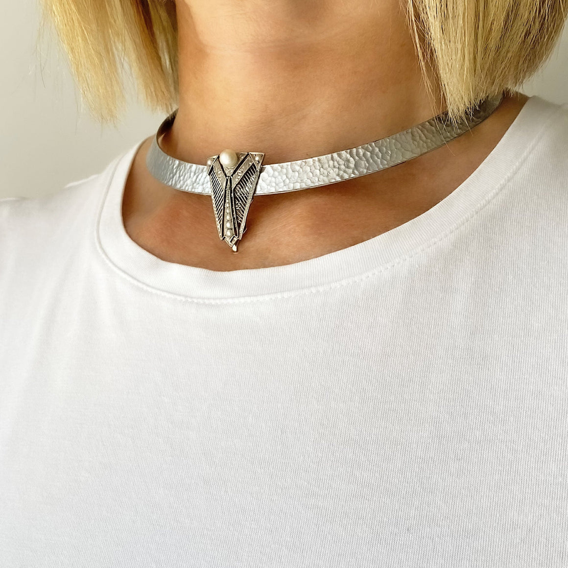 JULES silver Art Deco collar necklace-GREEN BIJOU