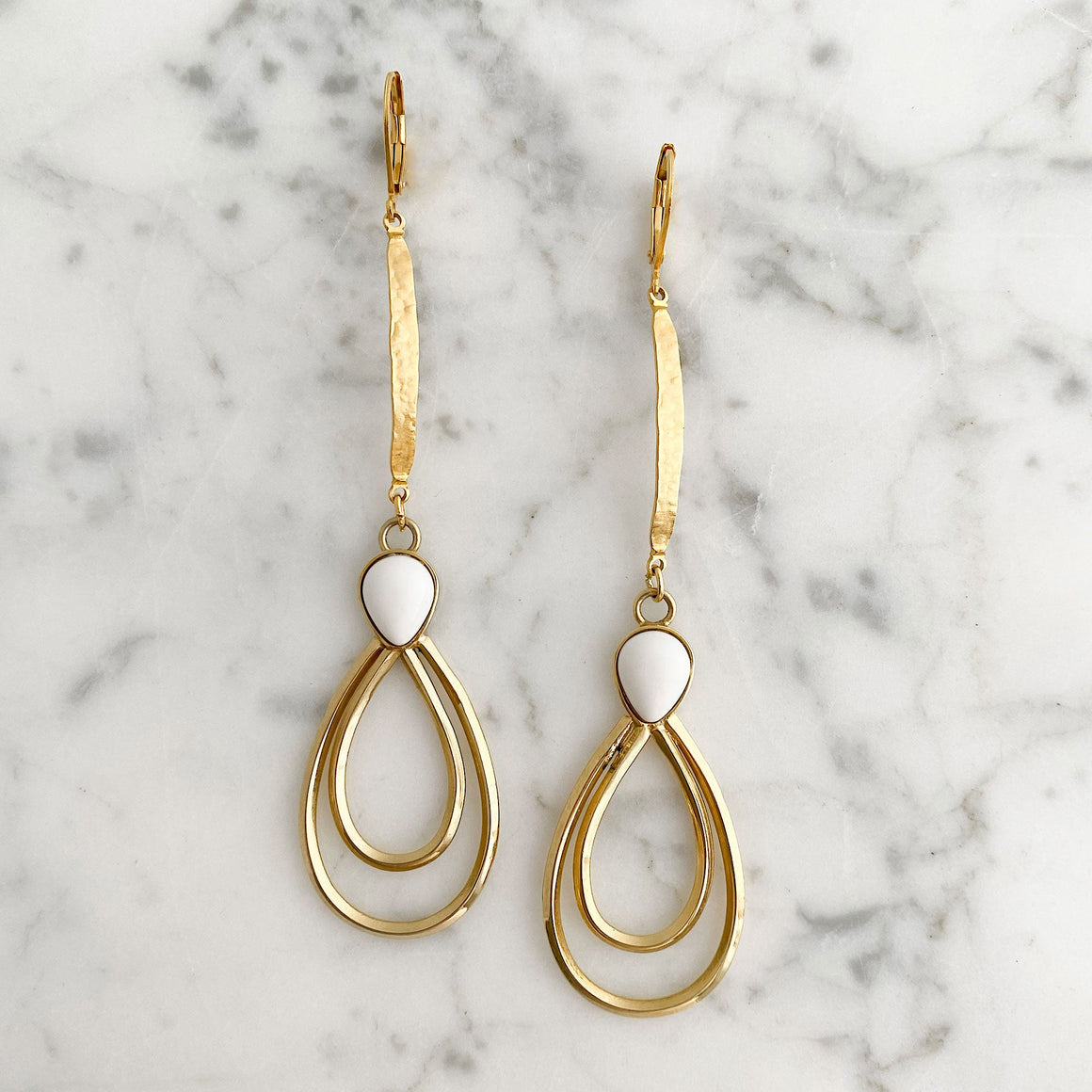 Long Gold Teardrop Earrings | White Cabochon Statement Earrings | CAMDEN-GREEN BIJOU