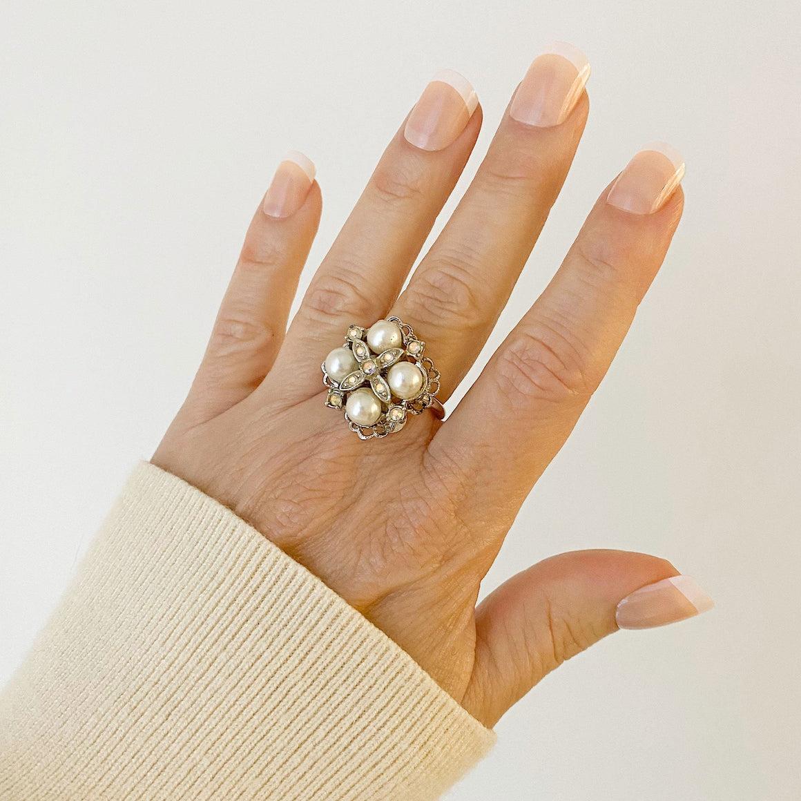 MARCIA silver and pearl cocktail ring-GREEN BIJOU