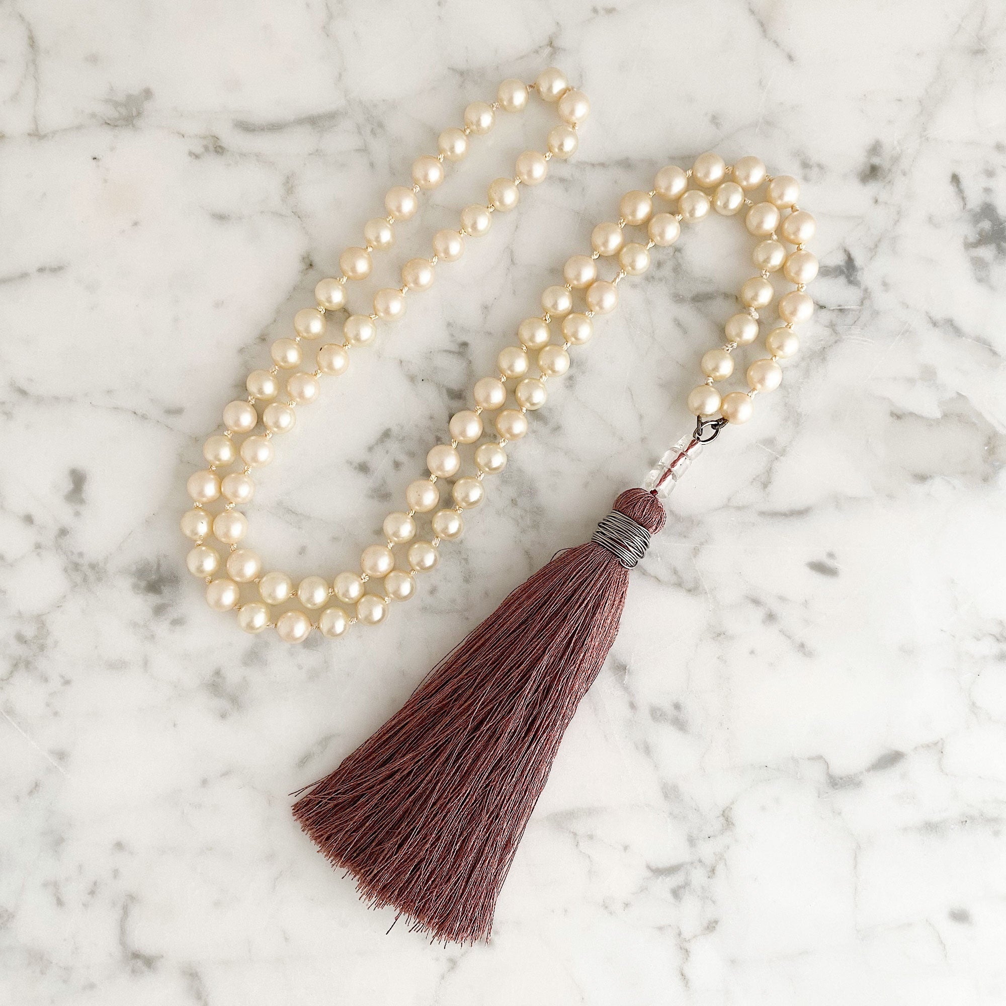 TOVA 8mm pearl and dusty rose tassel necklace-GREEN BIJOU