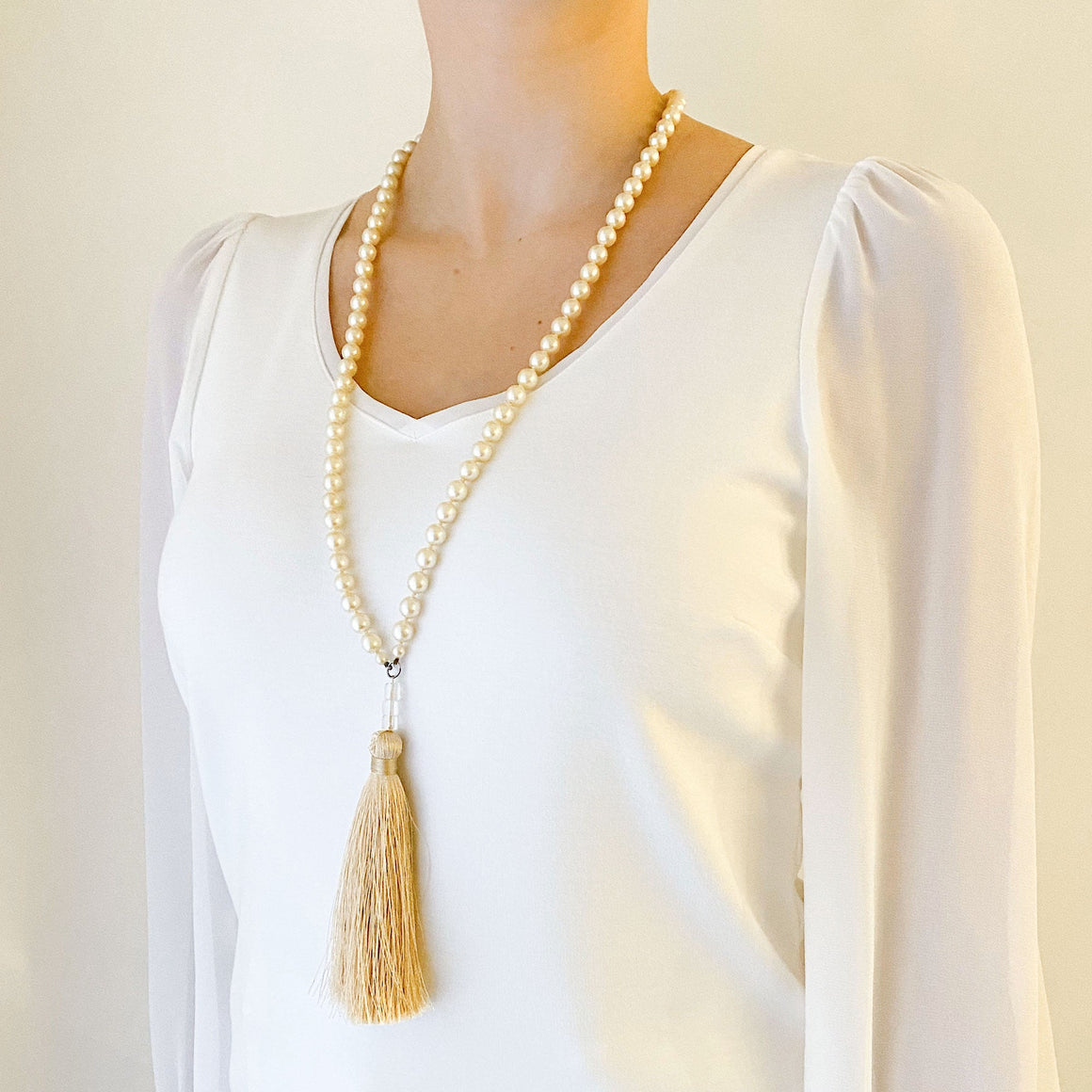 TOVA pearl and champagne tassel necklace-GREEN BIJOU