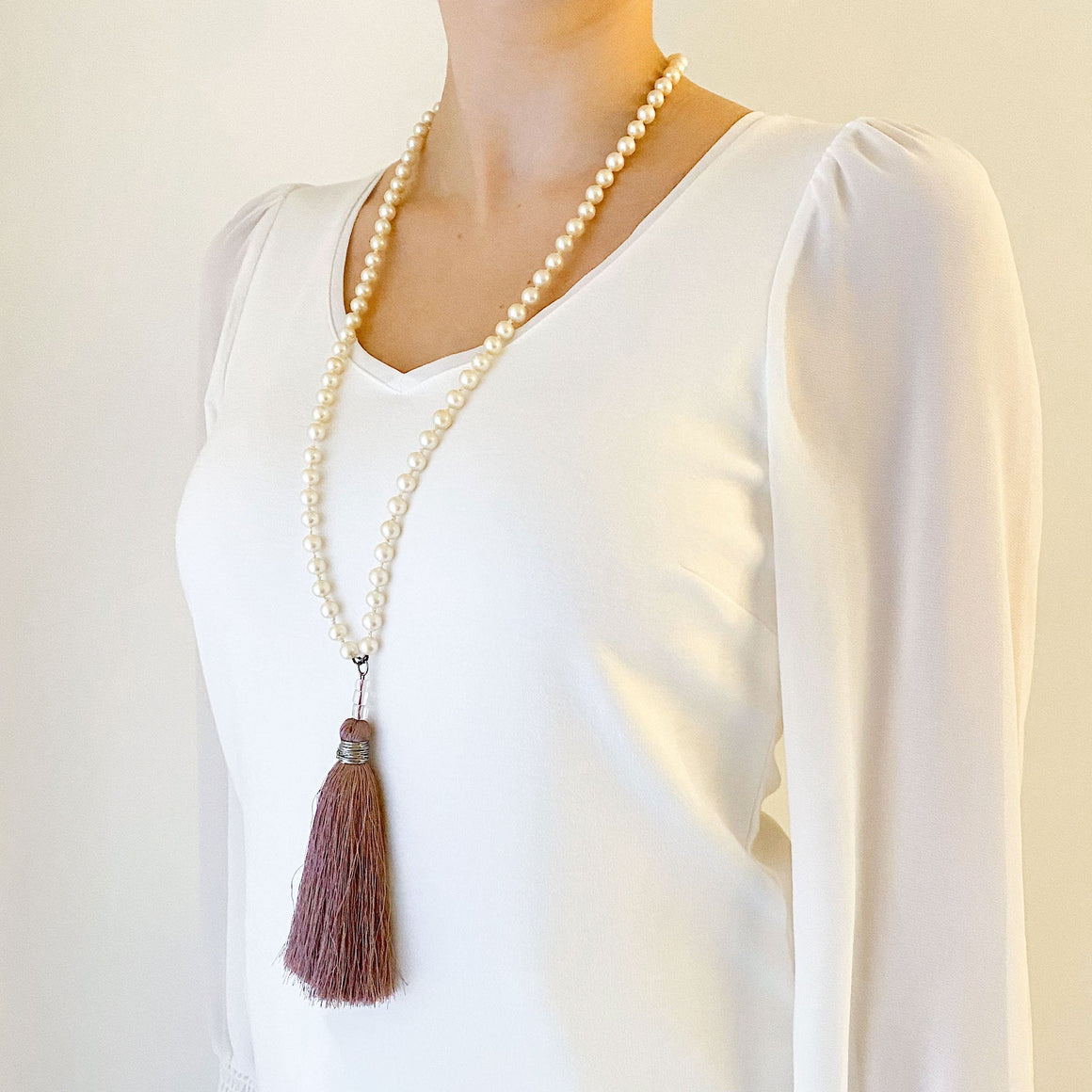 TOVA pearl and dusty rose tassel necklace-GREEN BIJOU