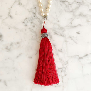 TOVA pearl and red tassel necklace - 