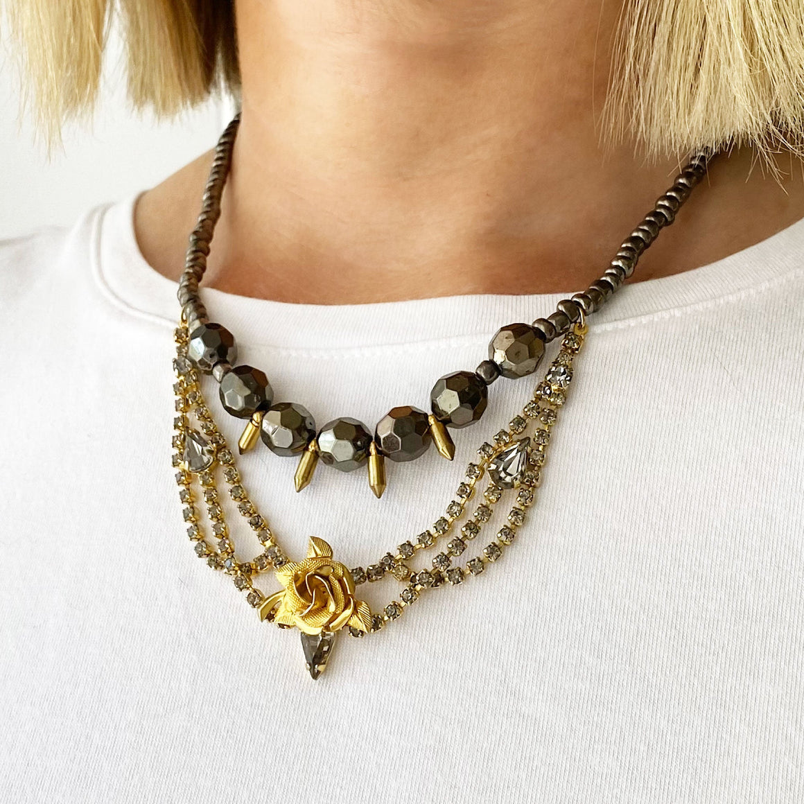 ZAYDEN hematite and gold necklace-GREEN BIJOU